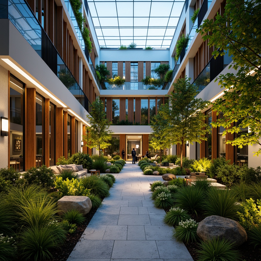 Prompt: Vibrant atrium, lush greenery, natural stone walls, wooden accents, floor-to-ceiling windows, clerestory windows, skylights, open floor plans, minimalist decor, reflective surfaces, mirrored ceilings, LED lighting, soft warm glow, ambient illumination, shallow depth of field, 3/4 composition, panoramic view, realistic textures, ambient occlusion, sustainable design, eco-friendly materials, innovative ventilation systems, shaded outdoor spaces, misting systems.