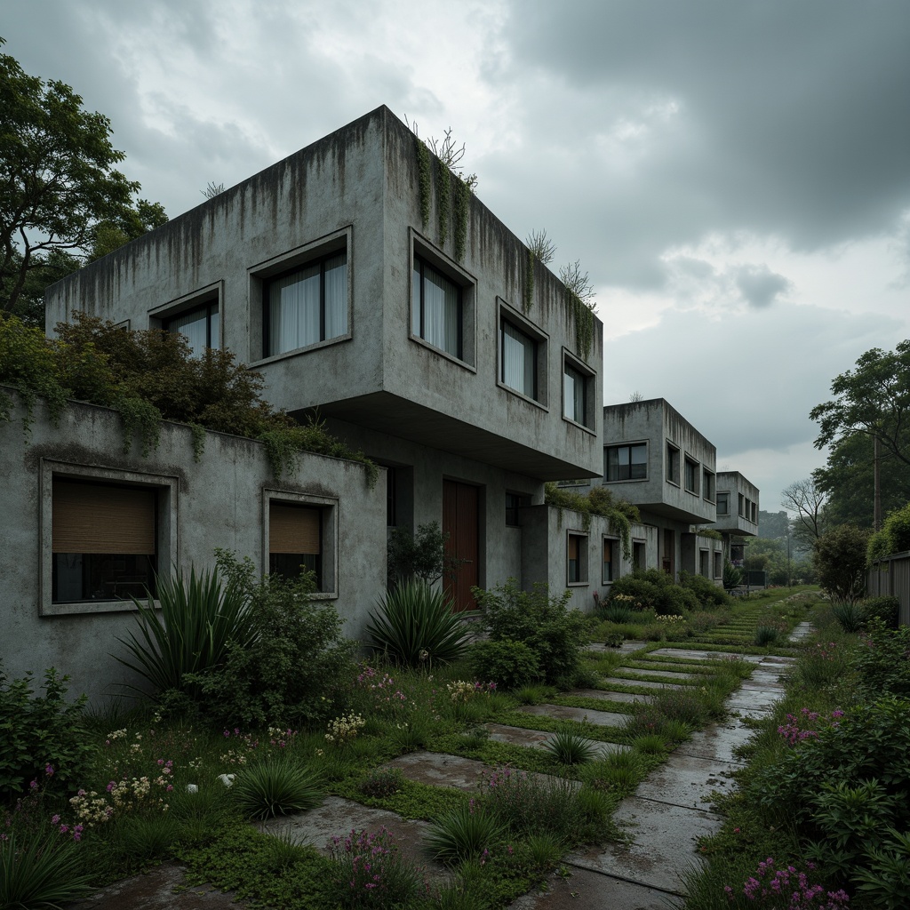 Prompt: Rugged brutalist buildings, raw concrete textures, fortress-like structures, overgrown vegetation, wildflowers, moss-covered walls, rusty metal accents, dramatic cantilevers, angular geometries, brutalist columns, industrial materials, urban decay, post-apocalyptic atmosphere, abandoned landscapes, eerie lighting, moody skies, stormy weather, cinematic composition, high contrast ratio, gritty realism, atmospheric perspective.