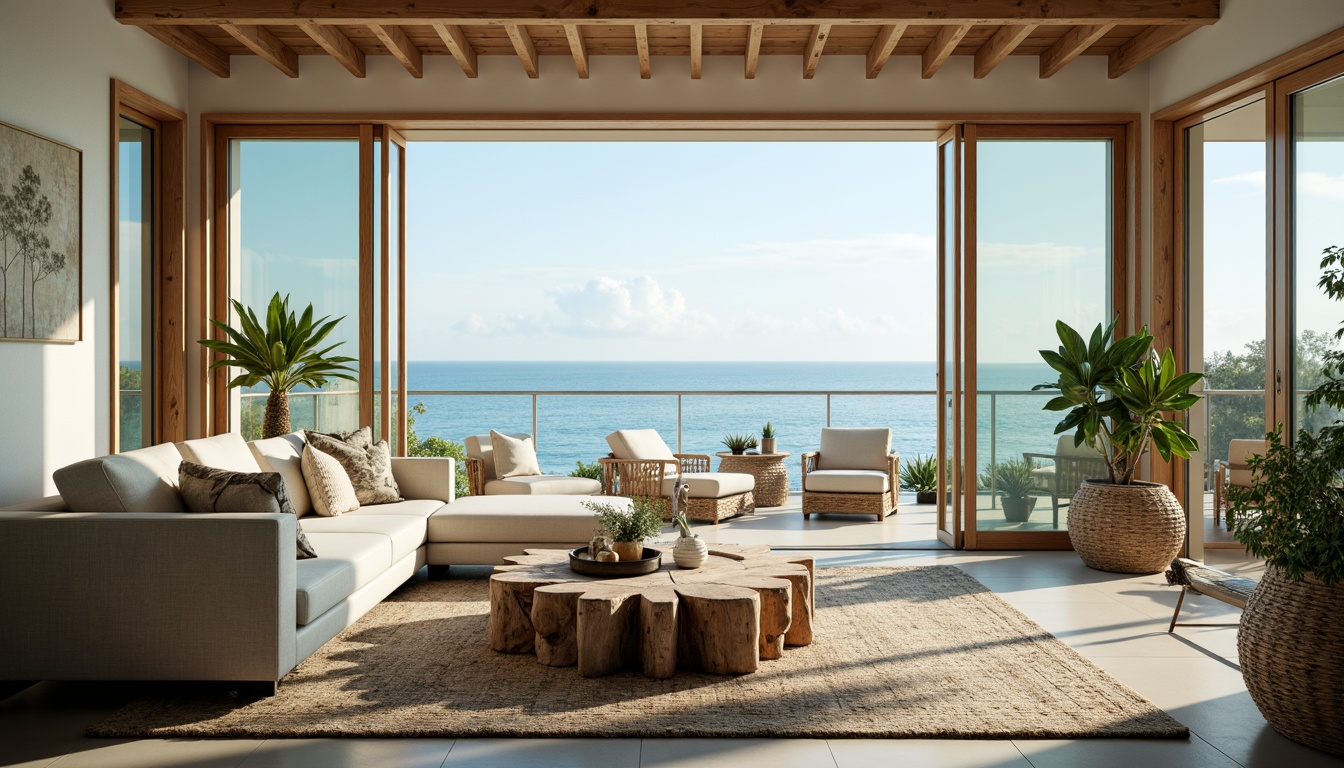 Prompt: Serene coastal living room, calming ocean views, driftwood coffee table, plush sectional sofa, natural fiber rugs, woven sea grass baskets, distressed wood accents, soft blue-green color palette, floor-to-ceiling windows, sliding glass doors, minimal ornamentation, organic textures, warm beachy lighting, 1/2 composition, intimate atmosphere, realistic reflections, subtle ocean breeze sounds.