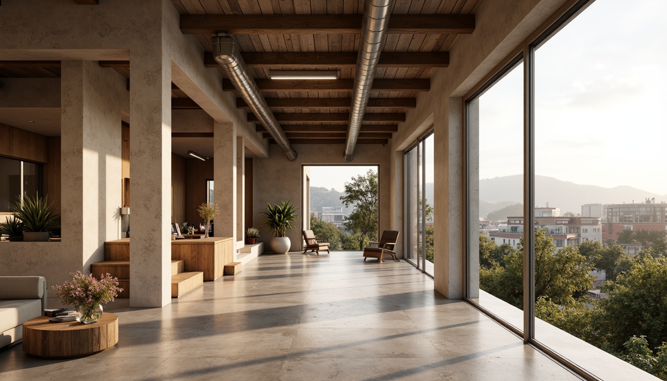 Prompt: Rustic modern building, plastered concrete fa\u00e7ade, earthy tone, rough texture, natural aggregates, industrial chic interior, exposed ductwork, polished concrete floors, minimalist decor, functional simplicity, abundant natural light, large windows, sliding glass doors, urban landscape, cityscape view, warm sunny day, soft diffused lighting, shallow depth of field, 3/4 composition, realistic textures, ambient occlusion.