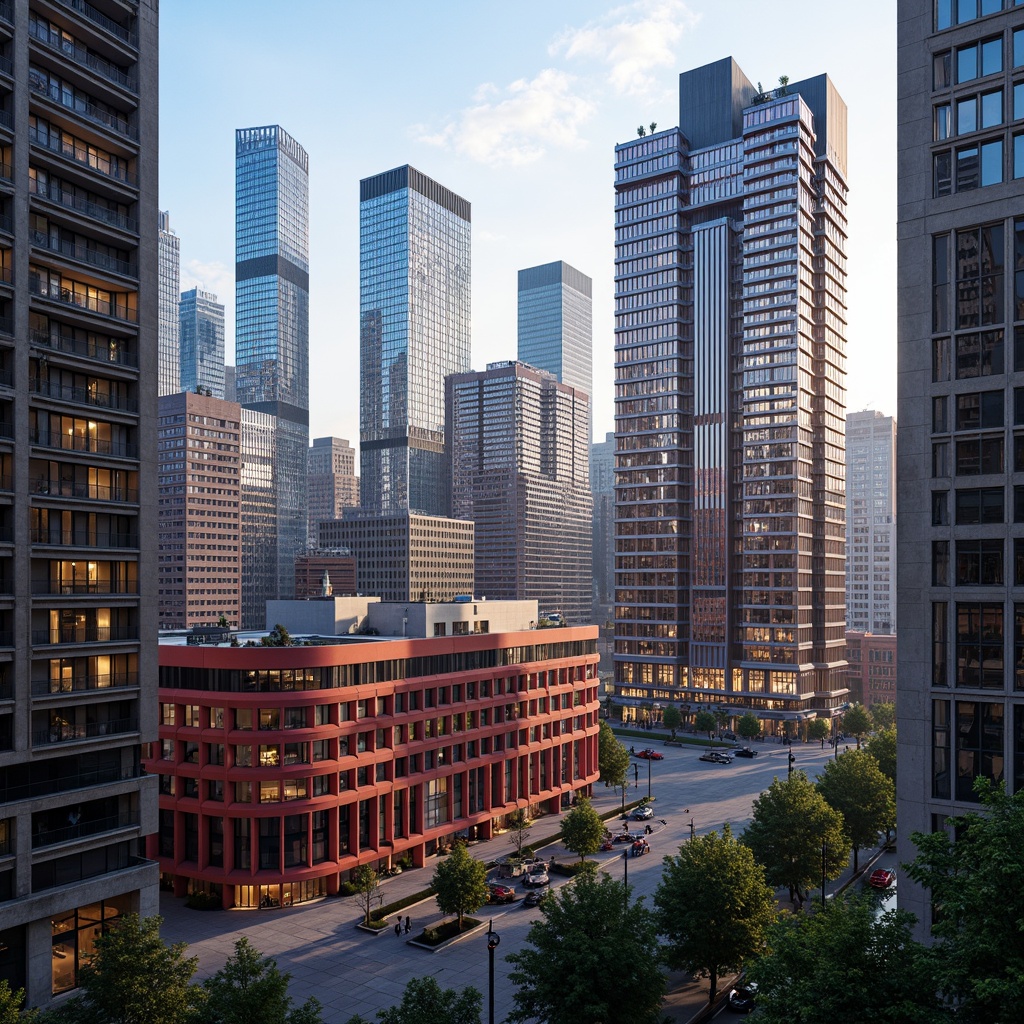 Prompt: Vibrant cityscape, urban skyscrapers, bold color schemes, contrasting hues, dynamic textures, metallic accents, glass facades, sleek modern lines, sustainable materials, eco-friendly design, natural light reflections, warm ambient glow, shallow depth of field, 1/1 composition, realistic renderings, atmospheric perspective.