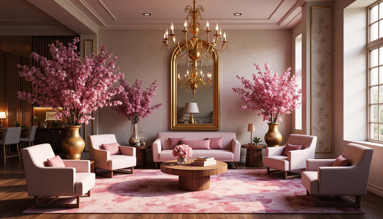 Prompt: Elegant orchid tones, soft pastel hues, delicate petal shapes, refined gold accents, luxurious velvet textures, ornate wooden patterns, sophisticated interior design, lavish furniture pieces, opulent chandeliers, intricate flower arrangements, warm candlelight, shallow depth of field, 1/2 composition, realistic reflections, ambient occlusion.