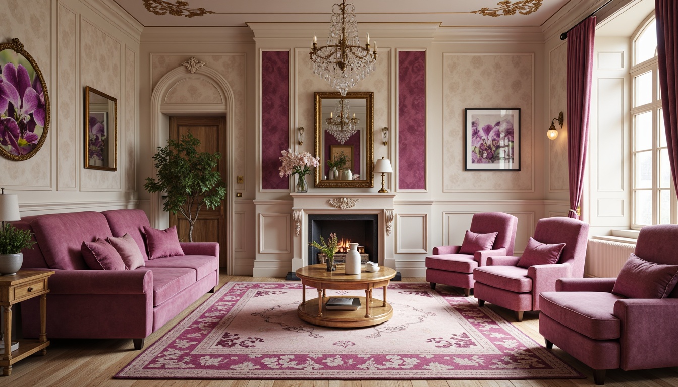 Prompt: Elegant orchid-inspired interior design, luxurious velvet fabrics, soft blush hues, rich plum accents, metallic gold hardware, delicate lace patterns, ornate mirrors, crystal chandeliers, sophisticated wallpaper, refined wood furnishings, lavish drapery, warm beige backgrounds, subtle cream textures, diffused natural light, shallow depth of field, 1/1 composition, realistic reflections, ambient occlusion.