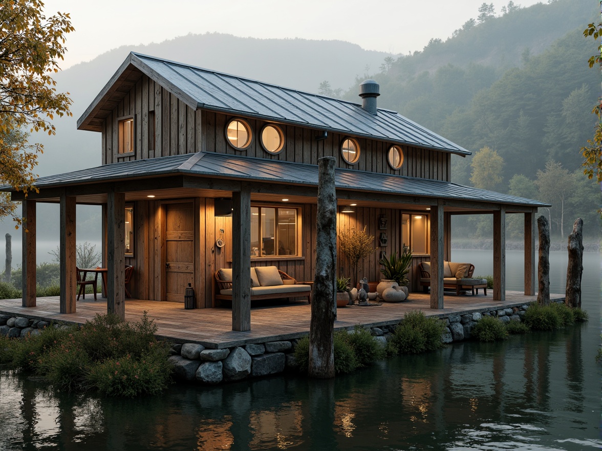 Prompt: Rustic boathouse, wooden pilings, weathered boards, nautical ropes, porthole windows, corrugated metal roofs, vintage anchors, fishing nets, natural stone foundations, driftwood decor, serene lake surroundings, lush greenery, misty morning, soft warm lighting, shallow depth of field, 3/4 composition, realistic textures, ambient occlusion.