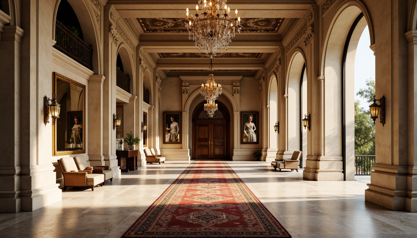 Prompt: Grandiose Neoclassical fa\u00e7ade, limestone columns, ornate cornices, carved wooden doors, bronze door handles, polished marble floors, crystal chandeliers, intricately patterned rugs, gilded mirrors, ornamental plasterwork, symmetrical composition, warm golden lighting, subtle shadows, 1/1 perspective, realistic textures, ambient occlusion.