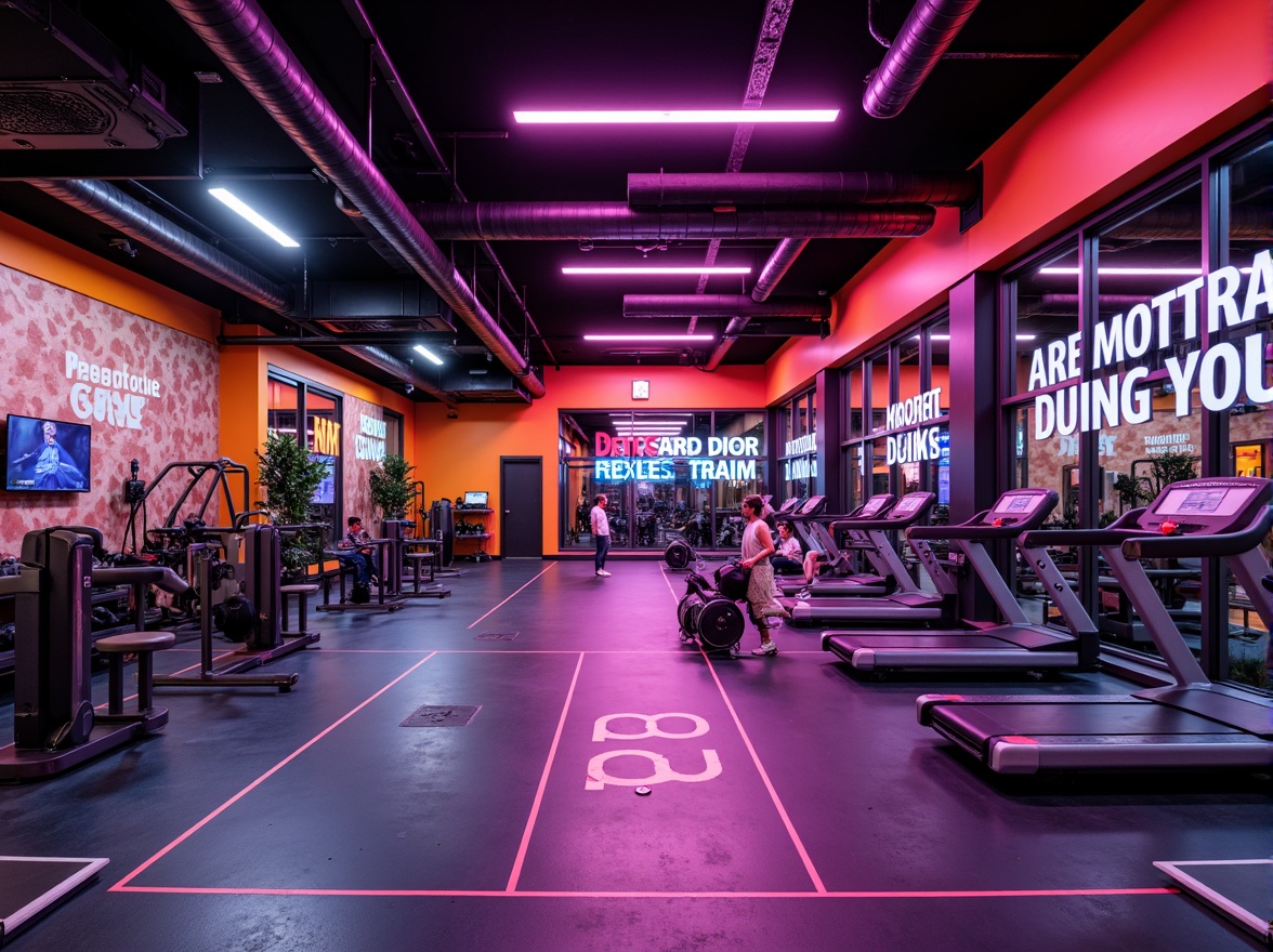 Prompt: Vibrant fitness center, bold color scheme, energetic atmosphere, high-contrast hues, motivational quotes, sleek modern equipment, rubber flooring, metallic accents, neon signs, intense lighting, dynamic shadows, 3/4 composition, shallow depth of field, realistic textures, ambient occlusion.