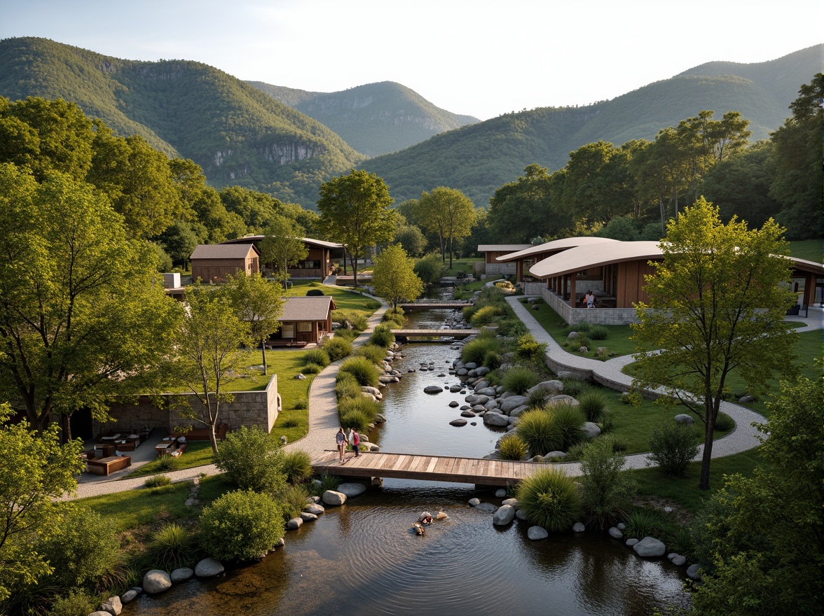 Prompt: Sweeping hillsides, lush green forests, meandering streams, rustic stone walls, wooden bridges, modern minimalistic buildings, curved lines, natural materials, earthy tones, warm sunny day, soft diffused lighting, shallow depth of field, 1/2 composition, panoramic view, realistic textures, ambient occlusion, harmonious coexistence of nature and architecture.