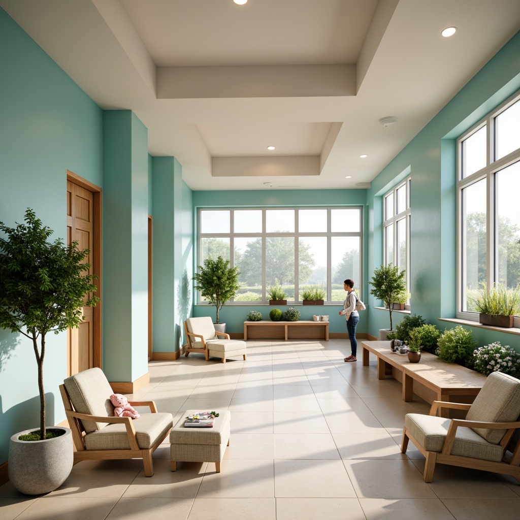 Prompt: Calming rehabilitation center, soft blue walls, warm beige floors, natural wood accents, gentle greenery, soothing water features, comfortable seating areas, abundant natural light, large windows, minimal ornamentation, clean lines, simple shapes, calming color scheme, pale yellow accents, creamy white tones, muted turquoise hues, soft peach undertones, subtle texture variations, gentle ambient lighting, shallow depth of field, 1/2 composition.