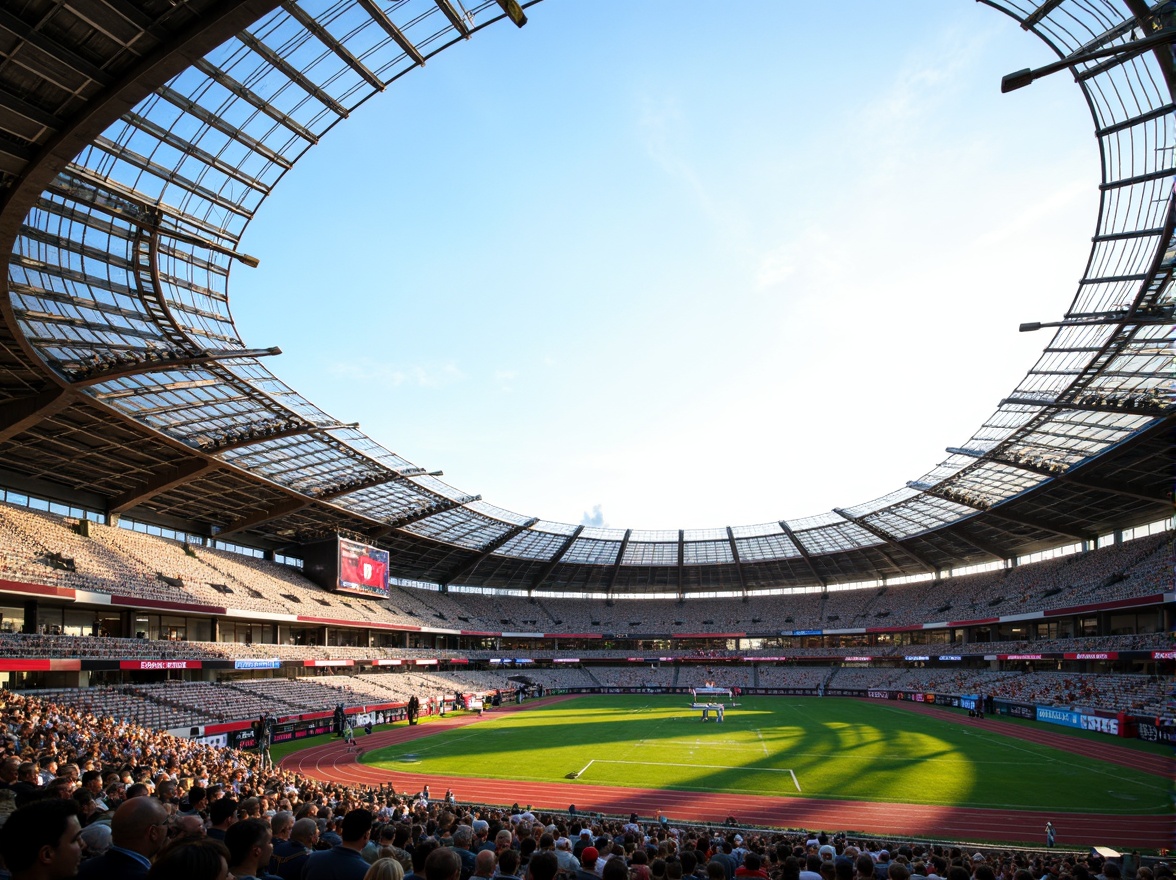 Prompt: Curved football stadium, lightweight steel frames, translucent roofs, airy interior spaces, cantilevered upper tiers, sleek aluminum seating, vibrant team colors, lush green grass, athletic tracks, modern scoreboards, dynamic LED lighting, sunny day, soft warm glow, shallow depth of field, 3/4 composition, panoramic view, realistic textures, ambient occlusion.