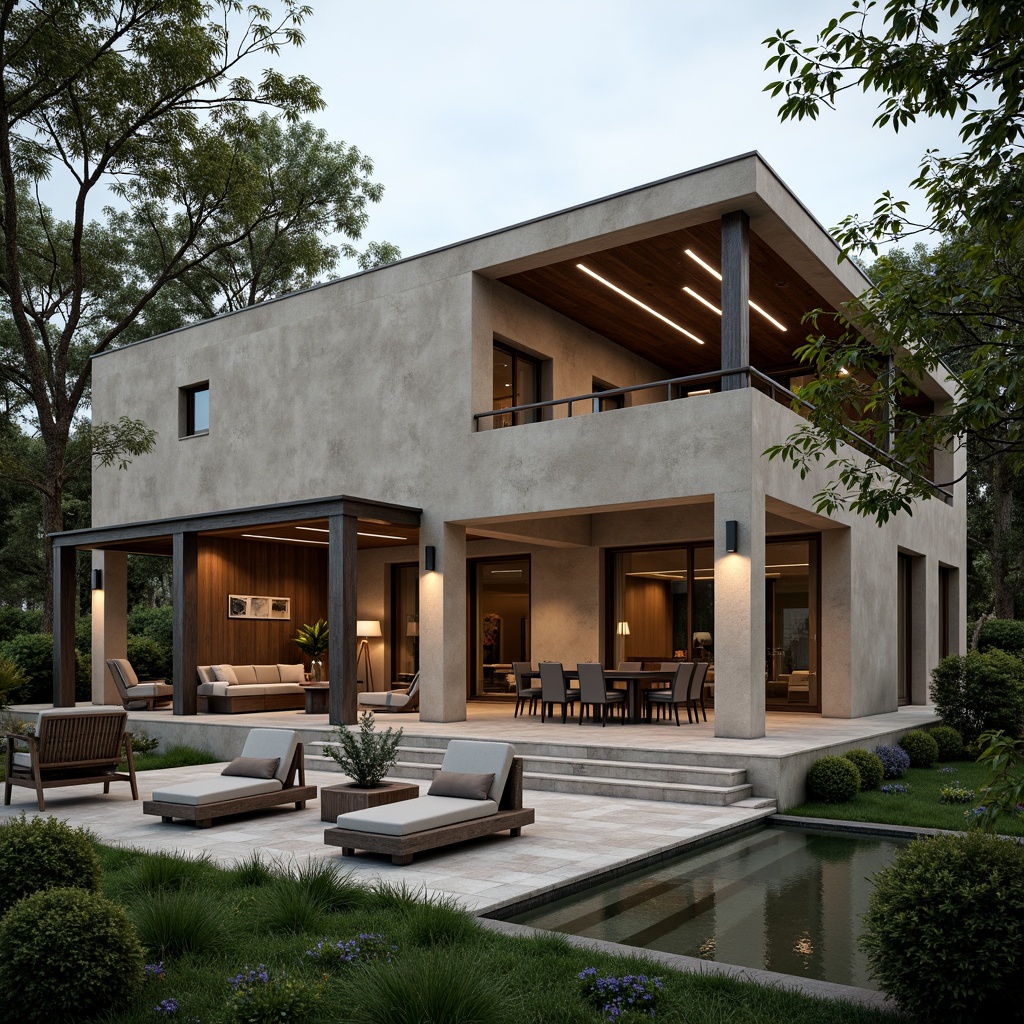 Prompt: Rustic modern villa, plastered concrete facade, earthy tones, natural textures, wooden accents, metal roofing, lush greenery, outdoor seating areas, warm ambient lighting, shallow depth of field, 1/1 composition, realistic render, subtle color palette, soft focus, serene atmosphere.