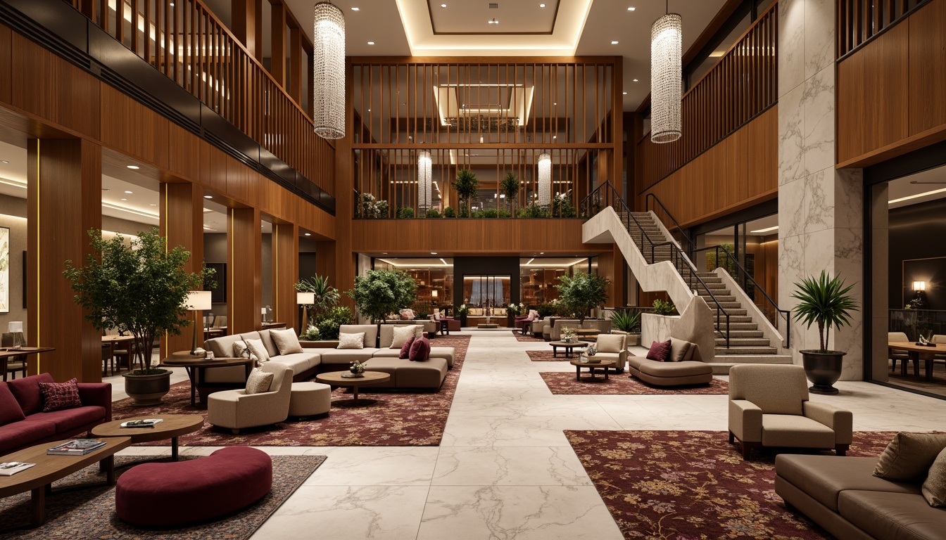 Prompt: Luxurious hotel lobby, marble floors, velvet sofas, crystal chandeliers, elegant wood paneling, lavish furnishings, warm ambient lighting, sophisticated color schemes, sleek metal accents, refined textures, ornate details, grand staircase, spacious atrium, natural stone walls, polished granite countertops, plush carpets, sumptuous fabrics, inviting atmosphere, soft focus, 1/2 composition, warm color temperature, realistic reflections.