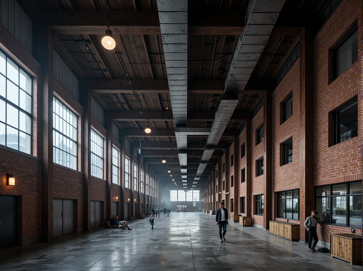 Prompt: Industrial warehouse, galvanized steel structures, fire brick walls, rustic metal beams, exposed ductwork, concrete floors, urban cityscape, overcast sky, dramatic lighting, high contrast, shallow depth of field, 2/3 composition, gritty textures, atmospheric mist.