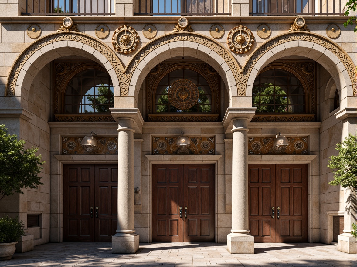 Prompt: Rustic warehouse facade, Byzantine-inspired arches, ornate stone carvings, intricate mosaics, golden accents, grand entranceways, heavy wooden doors, ornamental ironwork, distressed brick textures, warm earthy tones, soft afternoon lighting, shallow depth of field, 2/3 composition, symmetrical framing, atmospheric perspective, realistic weathering effects.