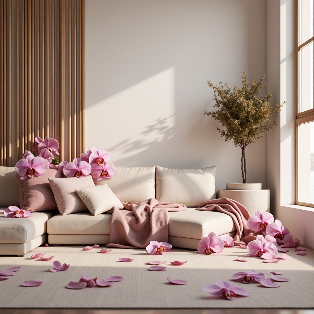 Prompt: \Luxurious interior design, orchid-inspired color palette, soft pastel hues, delicate petals, velvety texture, sophisticated ambiance, modern minimalist decor, creamy whites, rich wood accents, metallic gold details, subtle sheen, warm diffused lighting, shallow depth of field, 1/1 composition, intimate atmosphere, realistic reflections, ambient occlusion.\