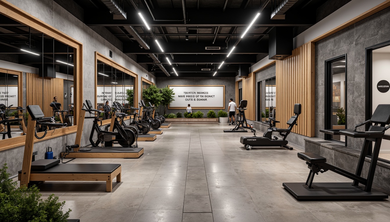 Prompt: Modern fitness center, industrial chic aesthetic, polished concrete floors, mirrored walls, motivational quotes, state-of-the-art equipment, free weights, cardio machines, functional training areas, yoga mats, Pilates reformers, spinning bikes, locker rooms, showers, saunas, steam rooms, natural stone accents, reclaimed wood features, high ceilings, overhead lighting, LED color-changing lights, dynamic shadows, 1/1 composition, symmetrical framing, soft focus, ambient occlusion.