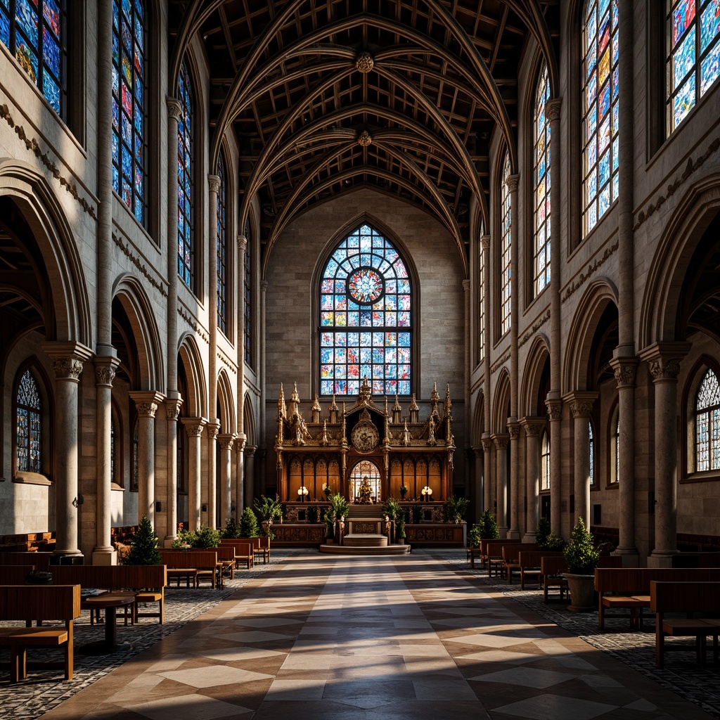 Prompt: Ornate Gothic cathedral, stained glass windows, intricate tracery, pointed arches, ribbed vaults, flying buttresses, grandiose entranceways, detailed stone carvings, ornamental gargoyles, majestic rose windows, kaleidoscope of colors, subtle natural lighting, high contrast ratio, dramatic shadows, 1/1 composition, symmetrical framing, shallow depth of field, realistic textures, ambient occlusion.