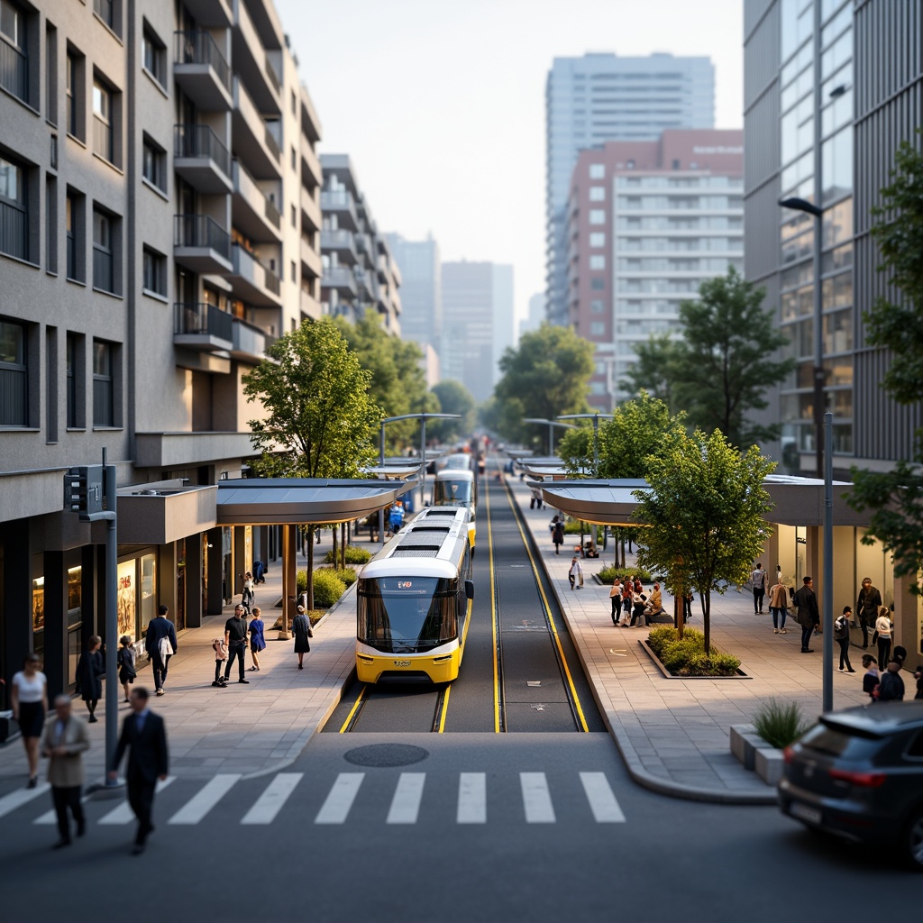 Prompt: Modern tram station, sustainable design, green roofs, solar panels, energy-harvesting systems, natural ventilation, LED lighting, translucent canopies, futuristic architecture, sleek metal structures, minimalist aesthetic, ambient occlusion, shallow depth of field, 3/4 composition, panoramic view, realistic textures, vibrant colorful accents, urban landscape, bustling streets, morning commute, soft warm lighting.