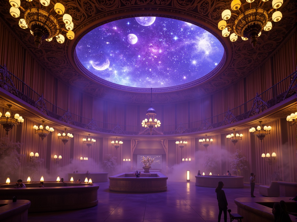 Prompt: Ornate planetarium, Baroque-style chandeliers, grandiose lighting fixtures, intricate metalwork, ornamental lanterns, warm golden illumination, soft warm glow, starry night sky projections, celestial body displays, atmospheric mist, foggy ambiance, mystical mood, lavish decorations, gilded accents, rich velvet drapes, regal purple hues, dramatic spotlights, subtle color grading, cinematic lighting effects, 3D projection mapping, realistic textures, ambient occlusion.