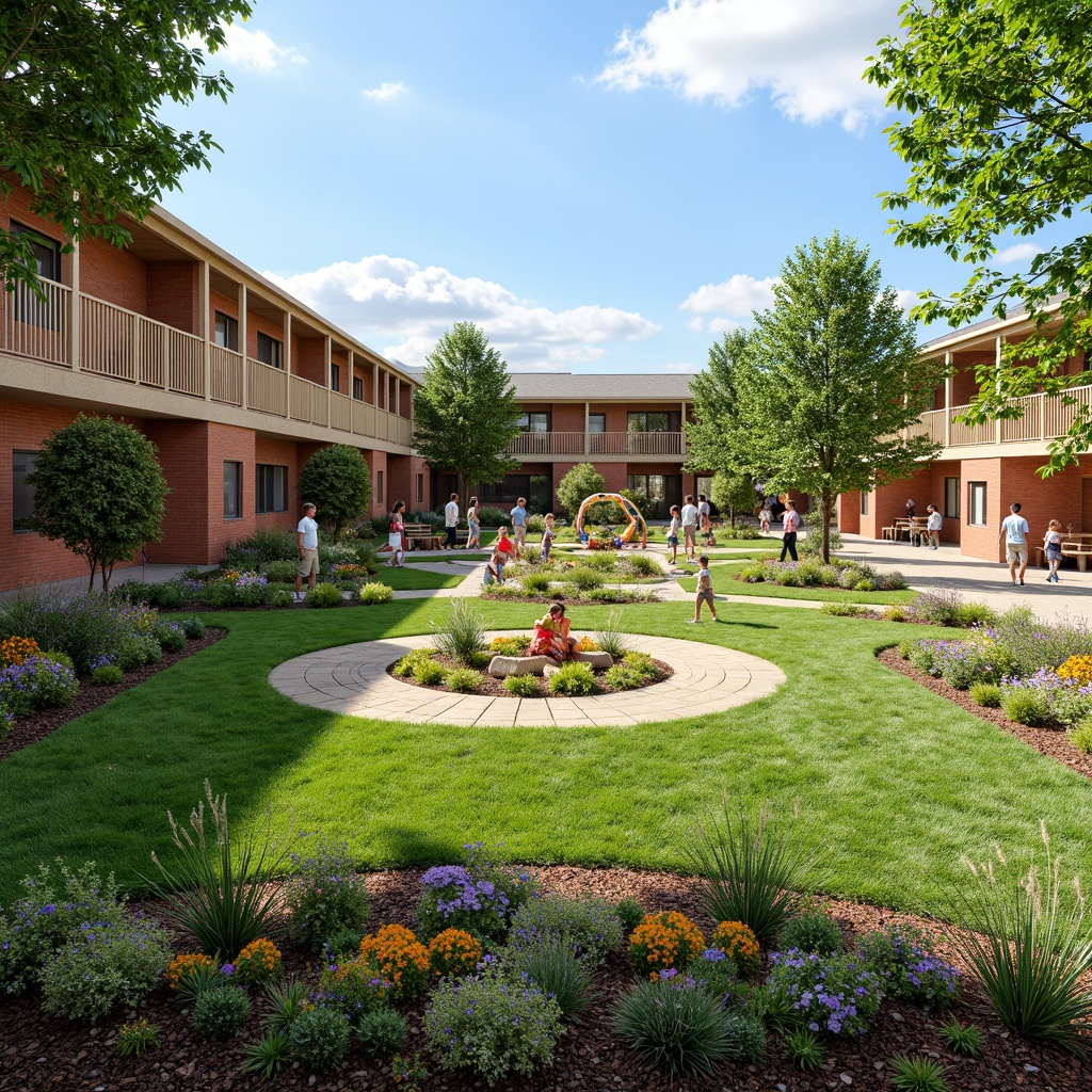 Prompt: Vibrant elementary school playground, colorful flowerbeds, lush green grass, playful kid-friendly sculptures, interactive outdoor classrooms, nature-based learning zones, accessible wheelchair ramps, shaded picnic areas, eco-friendly rain gardens, educational signage, butterfly-attracting plants, birdhouses, sunny day, soft natural lighting, 3/4 composition, panoramic view, realistic textures, ambient occlusion.