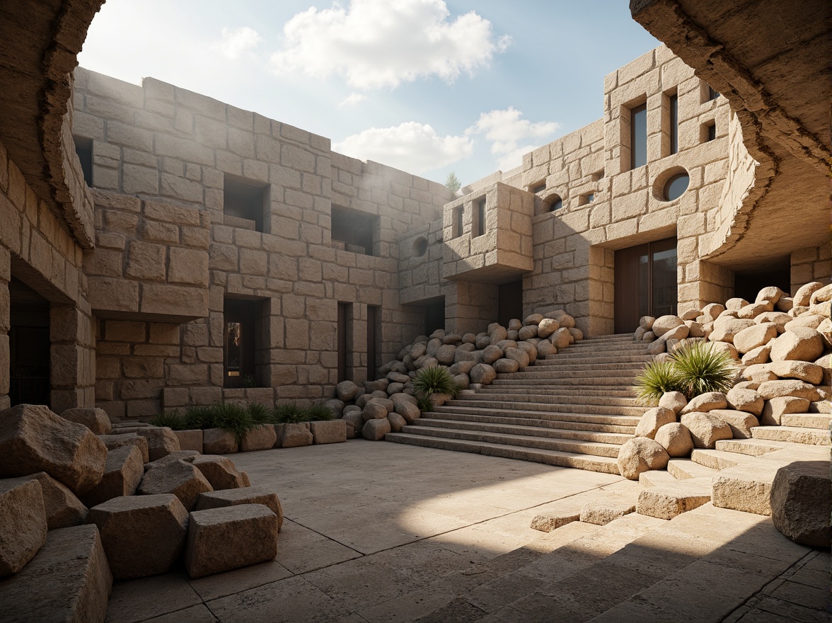 Prompt: Rugged amphitheater, brutalist architecture, rough-hewn stone walls, exposed concrete structures, natural lighting, warm sunlight, dramatic shadows, grand staircase, open-air gathering space, minimal ornamentation, raw textures, earthy tones, monumental scale, imposing fa\u00e7ade, angular lines, fortress-like design, atmospheric mist, soft focus, 1/2 composition, cinematic lighting, high contrast ratio.