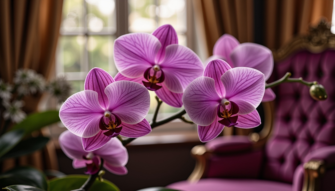 Prompt: Elegant orchid blooms, delicate petals, soft pink undertones, rich purple hues, velvety texture, luxurious atmosphere, warm natural lighting, subtle gradient effects, harmonious color transitions, sophisticated interior design, refined furniture pieces, plush velvet fabrics, metallic gold accents, ornate decorations, whimsical patterns, mystical ambiance, dreamy quality, shallow depth of field, 1/1 composition, soft focus, romantic mood.