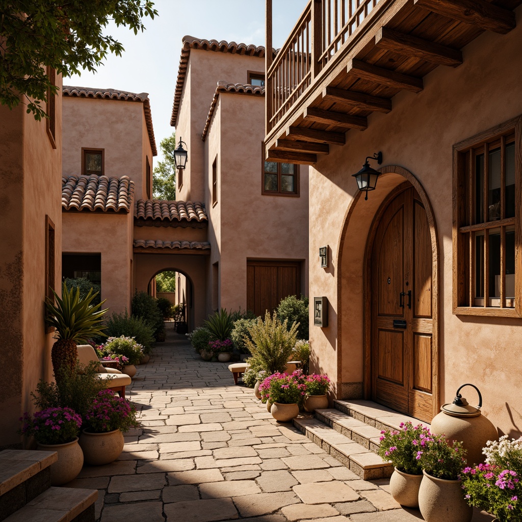 Prompt: Earthy tone facades, regional cultural inspirations, traditional ornate details, rustic wooden accents, natural stone walls, clay tile roofs, curved arches, ornamental metalwork, vibrant colorful ceramics, folk-patterned textiles, lantern-style lighting, warm cozy ambiance, soft golden illumination, shallow depth of field, 2/3 composition, realistic textures, ambient occlusion.