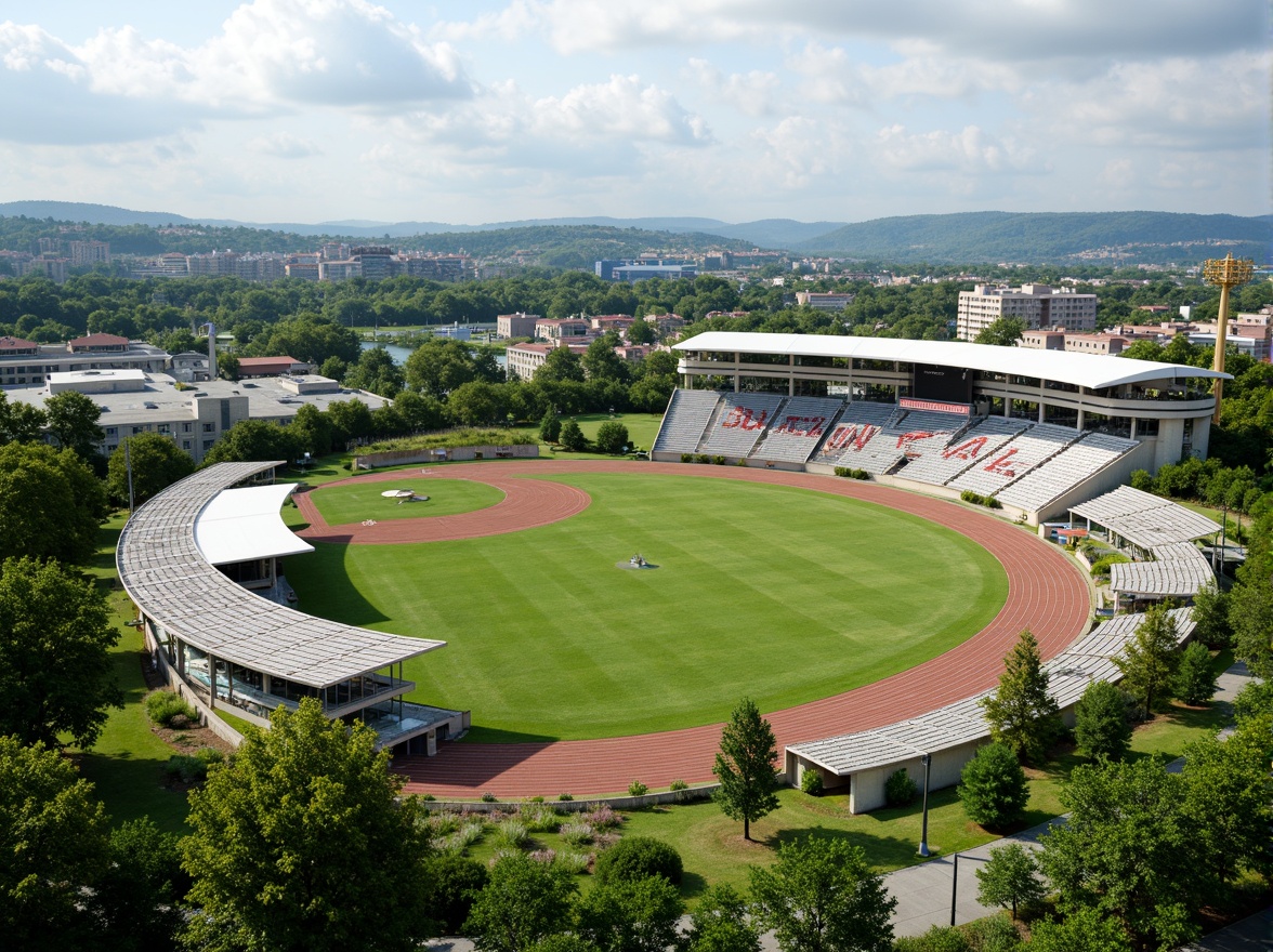 Prompt: Eco-friendly sports stadium, lush green turf, recycled rubber tracks, sustainable wood grandstands, energy-harvesting roof tiles, solar-powered floodlights, rainwater collection systems, grey water reuse, organic fertilizer application, native plant species, wildflower meadows, natural stone retaining walls, permeable pavement, reduced urban heat island effect, ample shading devices, maximized daylight harvesting, dynamic LED scoreboard displays, vibrant team color schemes, panoramic views of surrounding landscape.