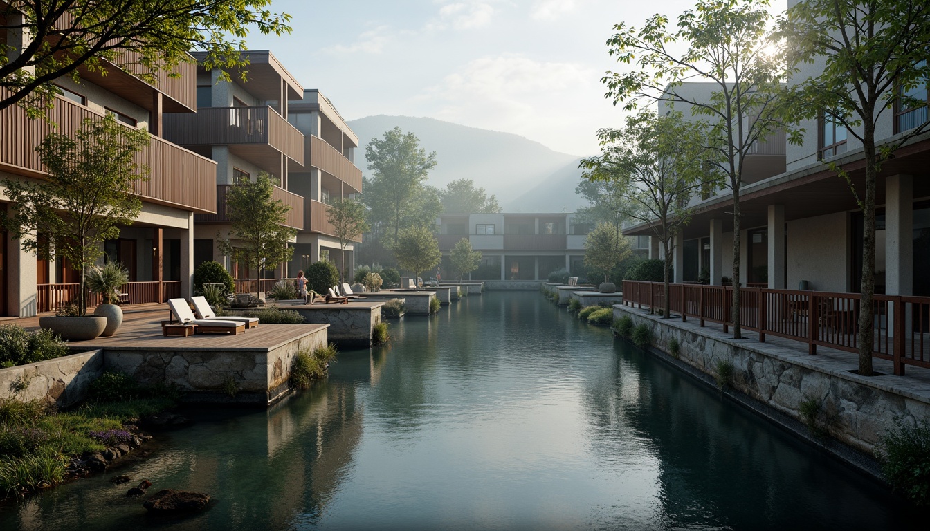 Prompt: Riverbank buildings, natural stone foundations, wooden accents, earthy tones, soft blues, misty greens, weathered wood decks, rusty metal railings, lush vegetation, overhanging trees, tranquil water reflections, morning fog, warm sunlight, 1/2 composition, atmospheric perspective, subtle color gradations, organic textures, realistic materiality.