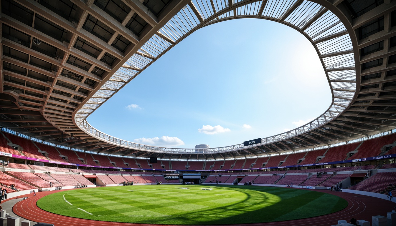 Prompt: Modern football stadium, structuralist architecture, bold angular lines, cantilevered roofs, exposed steel beams, ribbed concrete columns, dynamic LED lighting, vibrant team colors, grand entrance archways, sweeping curves, open-air concourses, stadium seating, athletic track, lush green fields, sunny day, dramatic shadows, high-contrast textures, 1-point perspective, low-angle shot, cinematic composition, realistic atmospheric effects.