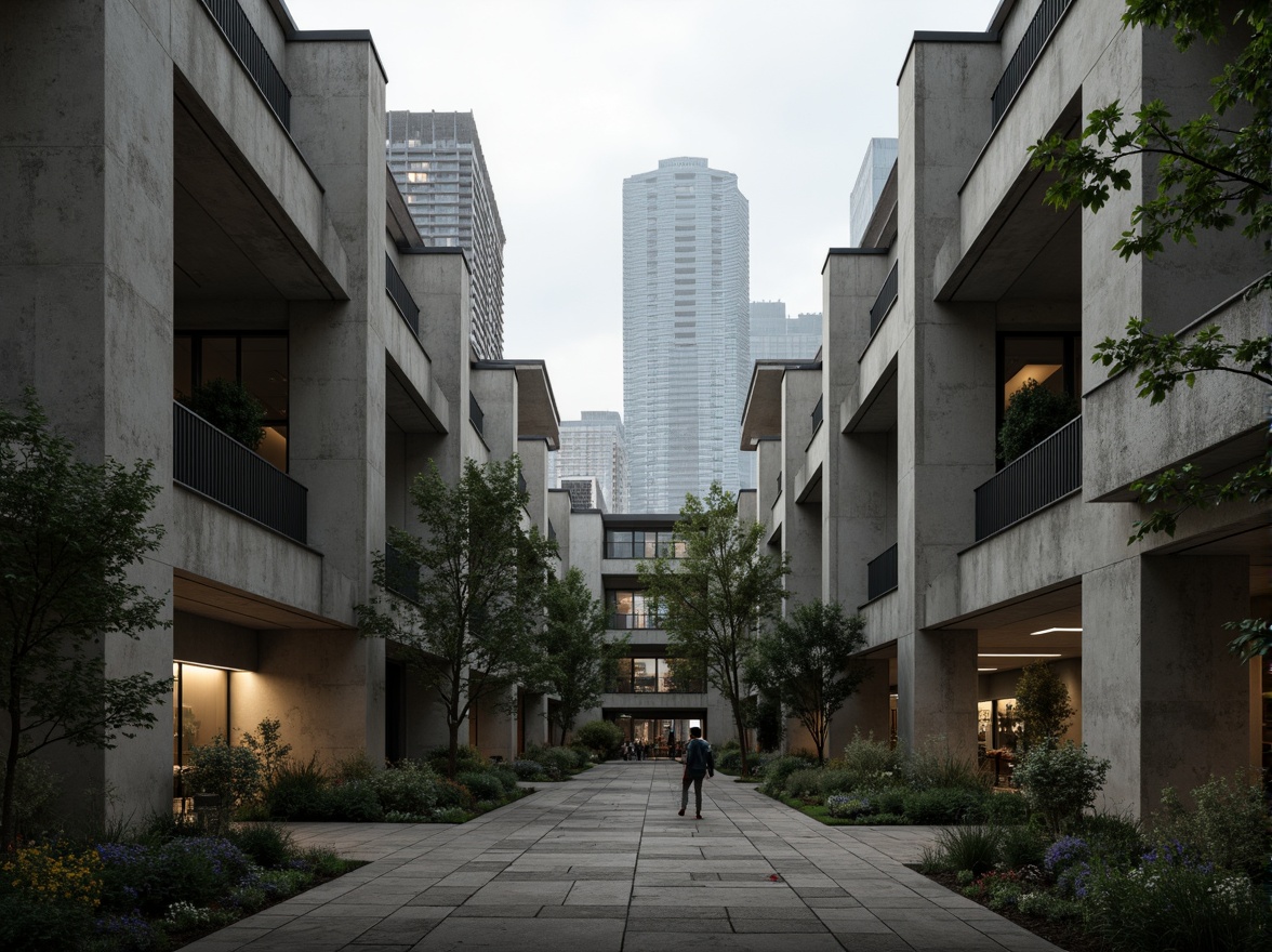 Prompt: Rugged brutalist buildings, exposed concrete structures, fortress-like walls, angular geometries, industrial materials, urban landscape integration, cityscape views, dense tree canopies, meandering walkways, raw natural stone, weathered steel beams, dramatic shadows, harsh contrasts, cinematic lighting, low-angle shots, symmetrical compositions, muted color palette, overcast skies, atmospheric mist.