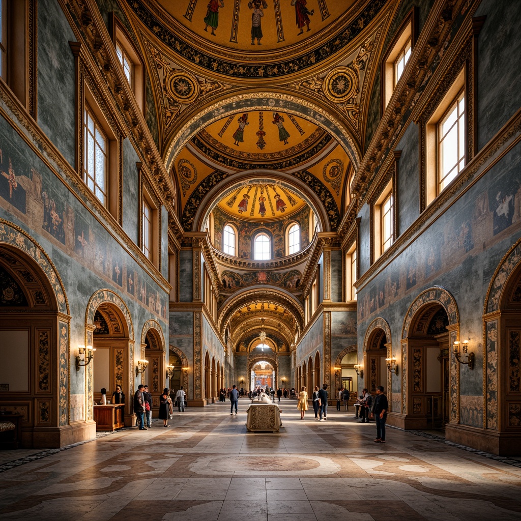 Prompt: Intricate mosaics, golden domes, ornate crosses, grandiose interior spaces, sacred religious symbols, Byzantine architectural style, rounded arches, ornamental columns, marble flooring, lavish decorations, vivid colors, soft warm lighting, shallow depth of field, 1/1 composition, panoramic view, realistic textures, ambient occlusion.