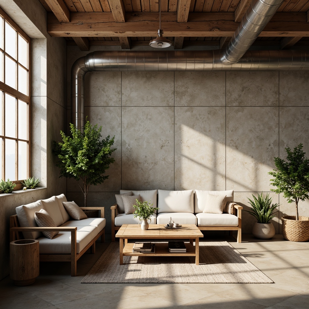 Prompt: Rustic plastered concrete walls, earthy tones, natural textures, industrial chic aesthetic, modern minimalism, urban loft ambiance, exposed ductwork, polished metal accents, reclaimed wood furniture, potted greenery, soft warm lighting, shallow depth of field, 3/4 composition, realistic renderings, ambient occlusion.