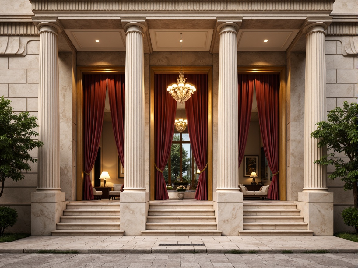 Prompt: Elegant neoclassical facade, ornate details, soft cream columns, subtle golden accents, rich terracotta tones, weathered stone textures, intricate moldings, grandiose entranceways, symmetrical composition, warm ambient lighting, subtle gradient effects, nuanced color transitions, refined marble patterns, opulent chandeliers, luxurious velvet drapes, majestic crystal fixtures, ornate gilded frames, refined oil painting-inspired colors, soft focus, cinematic depth of field.