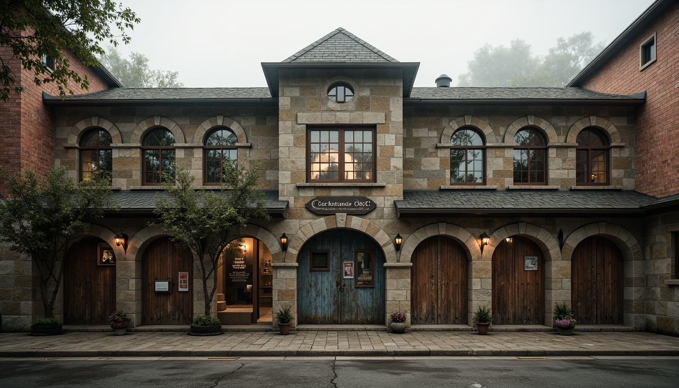 Prompt: Rustic warehouse, Romanesque facade, arched windows, stone walls, brick exteriors, industrial metal doors, vintage signage, distressed wood accents, earthy color palette, moss-covered roofs, overcast skies, warm soft lighting, atmospheric fog, 1/2 composition, cinematic view, realistic textures, detailed normal maps.