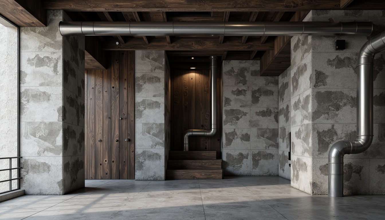 Prompt: Rough-hewn stone walls, brutalist concrete structures, rugged metallic accents, distressed wood textures, industrial-style pipes, exposed ductwork, minimalist ornamentation, functional simplicity, geometric abstraction, monochromatic color scheme, dramatic shadows, high-contrast lighting, cinematic angles, 2.35