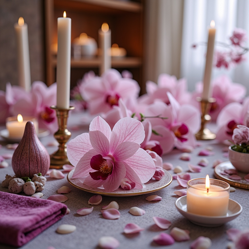 Prompt: Ethereal orchid hues, soft pastel tones, delicate petals, whimsical botanical illustrations, dreamy watercolor textures, subtle gradient effects, creamy whites, rich berry accents, luxurious velvet fabrics, ornate metal fixtures, intricate lace patterns, romantic candlelight, warm golden lighting, shallow depth of field, 1/2 composition, intimate close-up shots, realistic rendering.