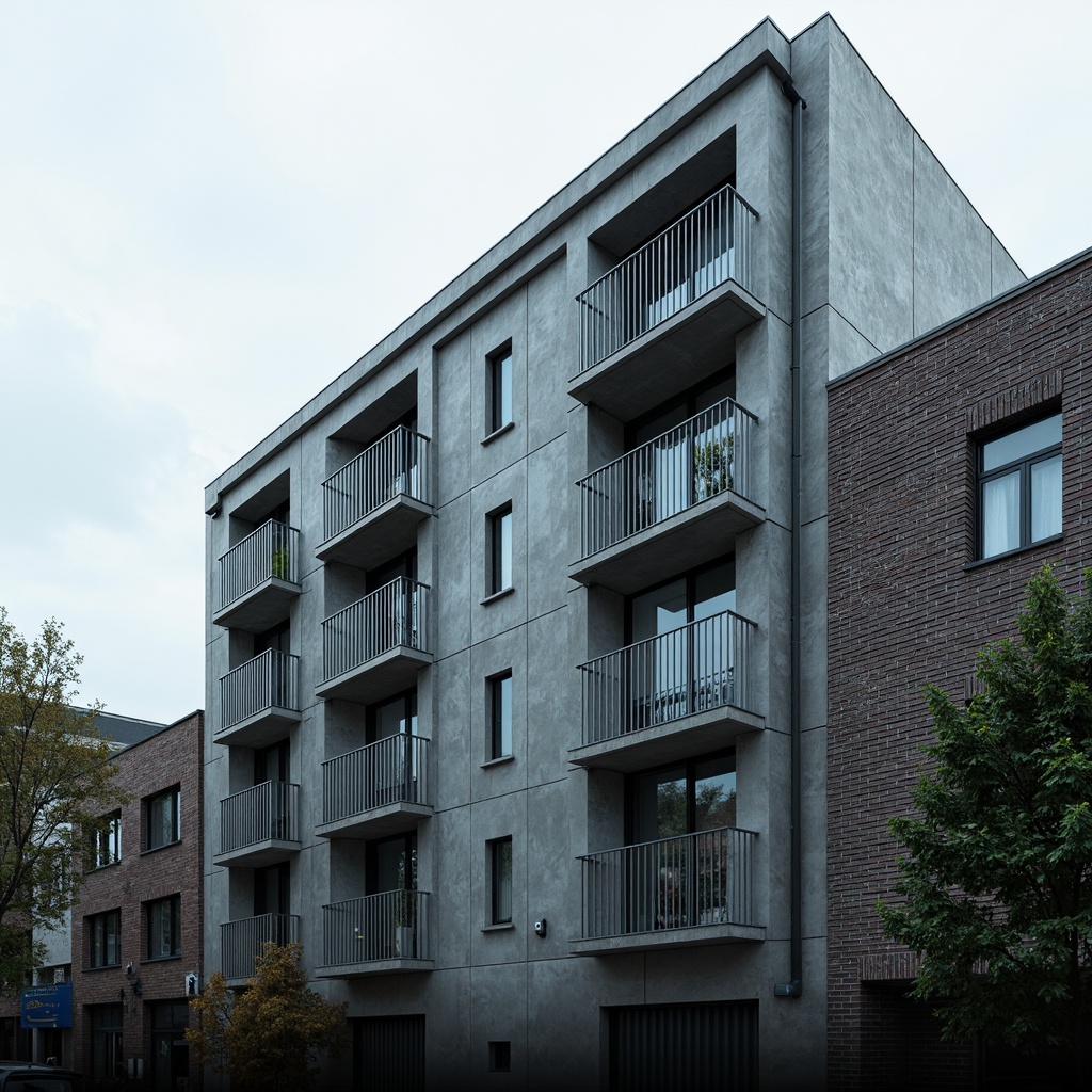 Prompt: Monochromatic housing facade, industrial concrete walls, exposed brick textures, metallic accents, minimalist windows, functionalist balconies, brutalist architecture, urban cityscape, overcast sky, soft diffused lighting, shallow depth of field, 2/3 composition, cinematic view, realistic materials, ambient occlusion, muted color palette, earthy tones, industrial blue hues, raw concrete gray, weathered steel textures.