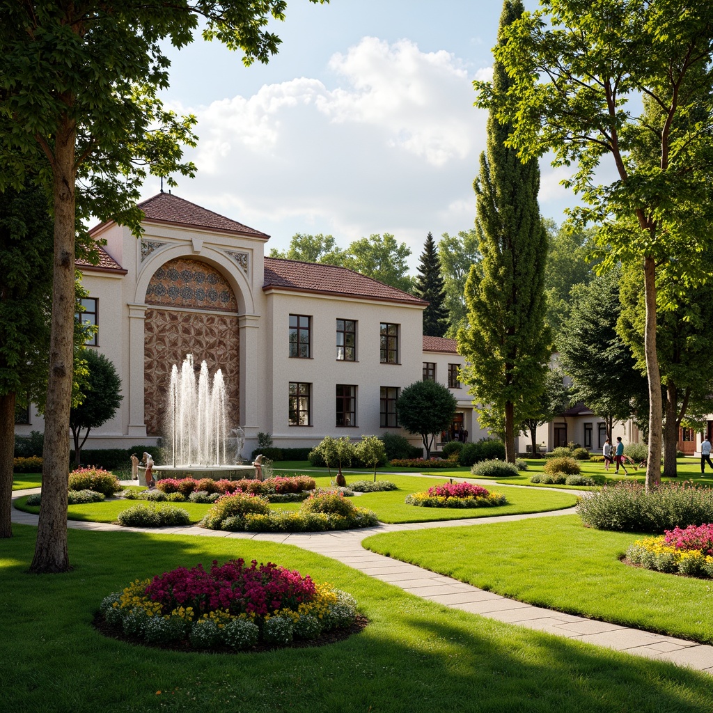 Prompt: Lush green lawns, ornate fountains, vibrant flowerbeds, curved walking paths, Byzantine-style buildings, red-tiled roofs, white stone facades, arched windows, intricate mosaics, grand entrance gates, mature trees, dappled shade, warm afternoon sunlight, soft focus, 1/2 composition, naturalistic textures, ambient occlusion.