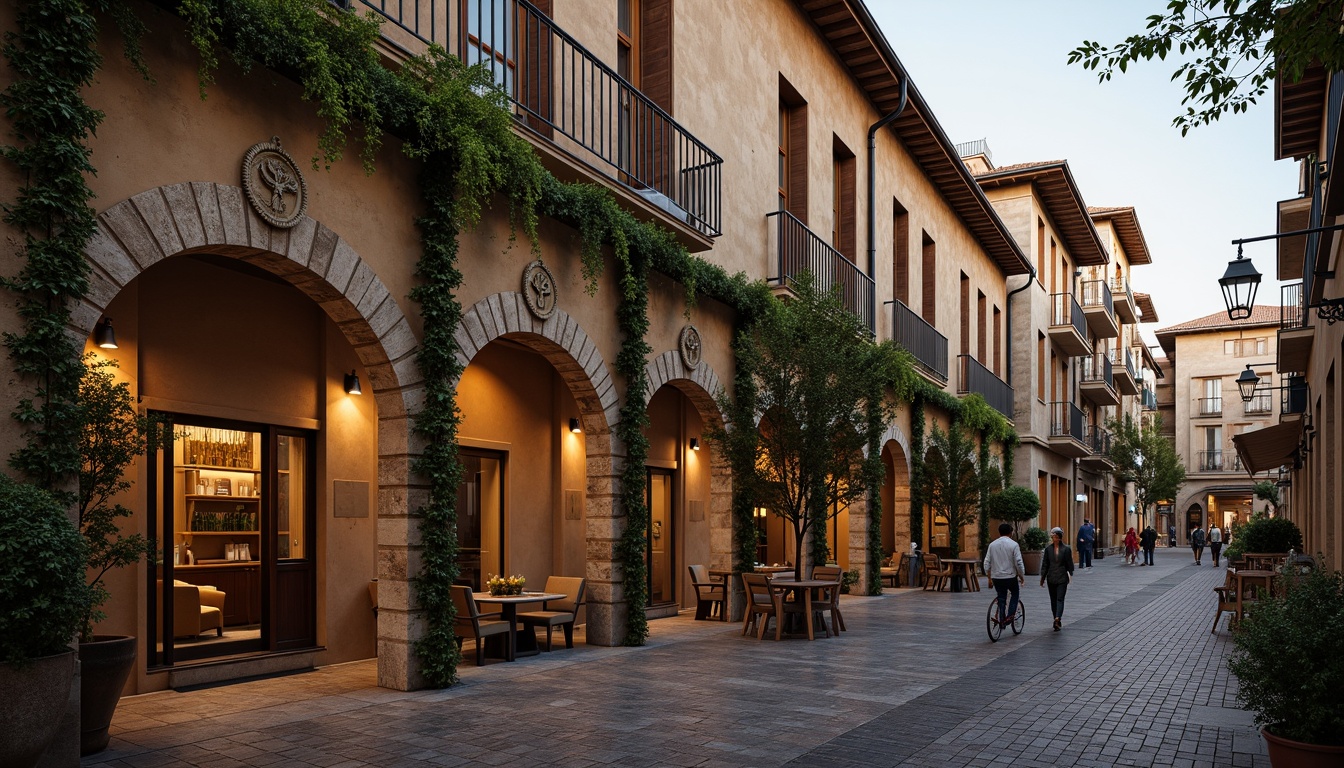 Prompt: Rustic hostel facade, renaissance-inspired architecture, warm earthy tones, ornate stone carvings, grand entrance arches, decorative cornices, wooden shutters, wrought iron balconies, lush greenery, climbing vines, soft warm lighting, shallow depth of field, 3/4 composition, panoramic view, realistic textures, ambient occlusion, cozy outdoor seating areas, lantern-style street lamps, cobblestone streets, charming alleyways, medieval-inspired decorations.