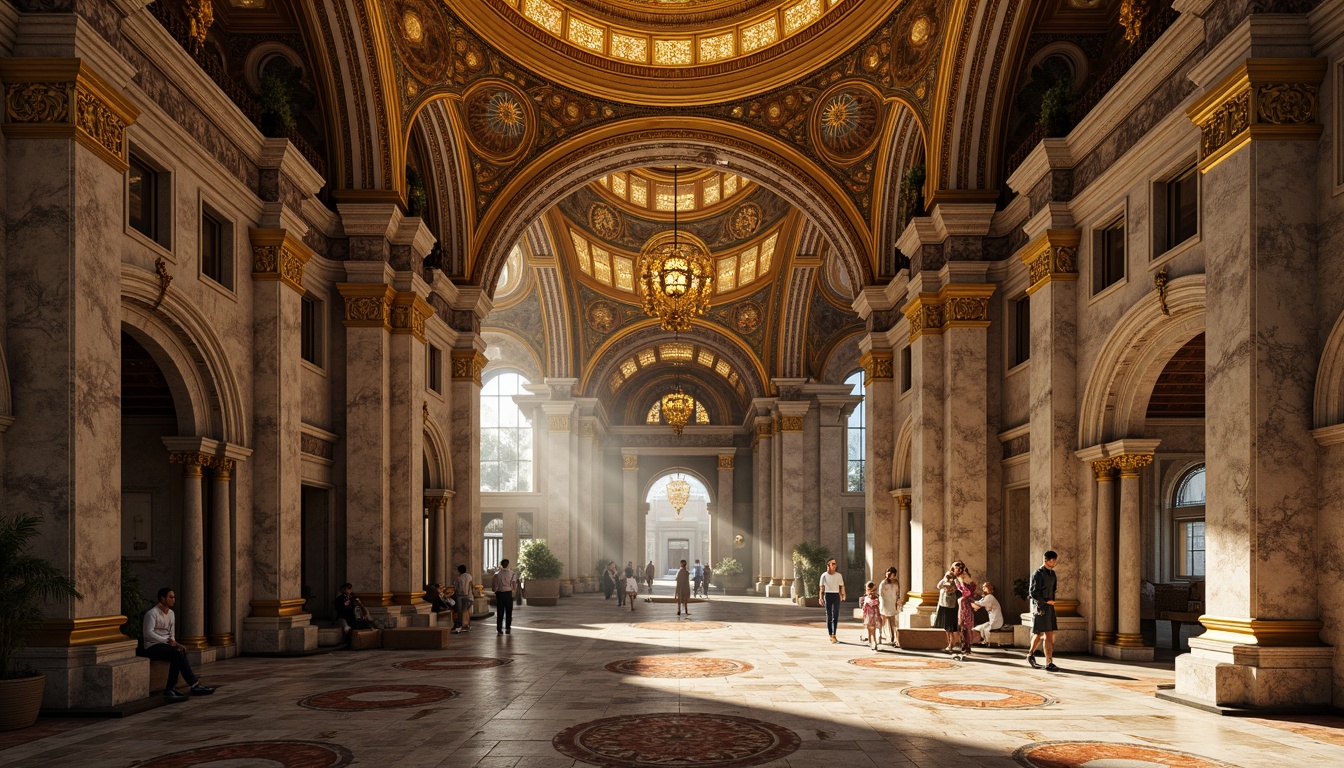 Prompt: Intricate stone carvings, ornate golden mosaics, majestic domes, grand arches, vaulted ceilings, richly patterned marble floors, imposing columns, ornamental capitals, lavish frescoes, Byzantine-inspired ornaments, warm golden lighting, soft shadows, dramatic high contrast, atmospheric perspective, 1/2 composition, symmetrical framing, realistic textures, ambient occlusion.