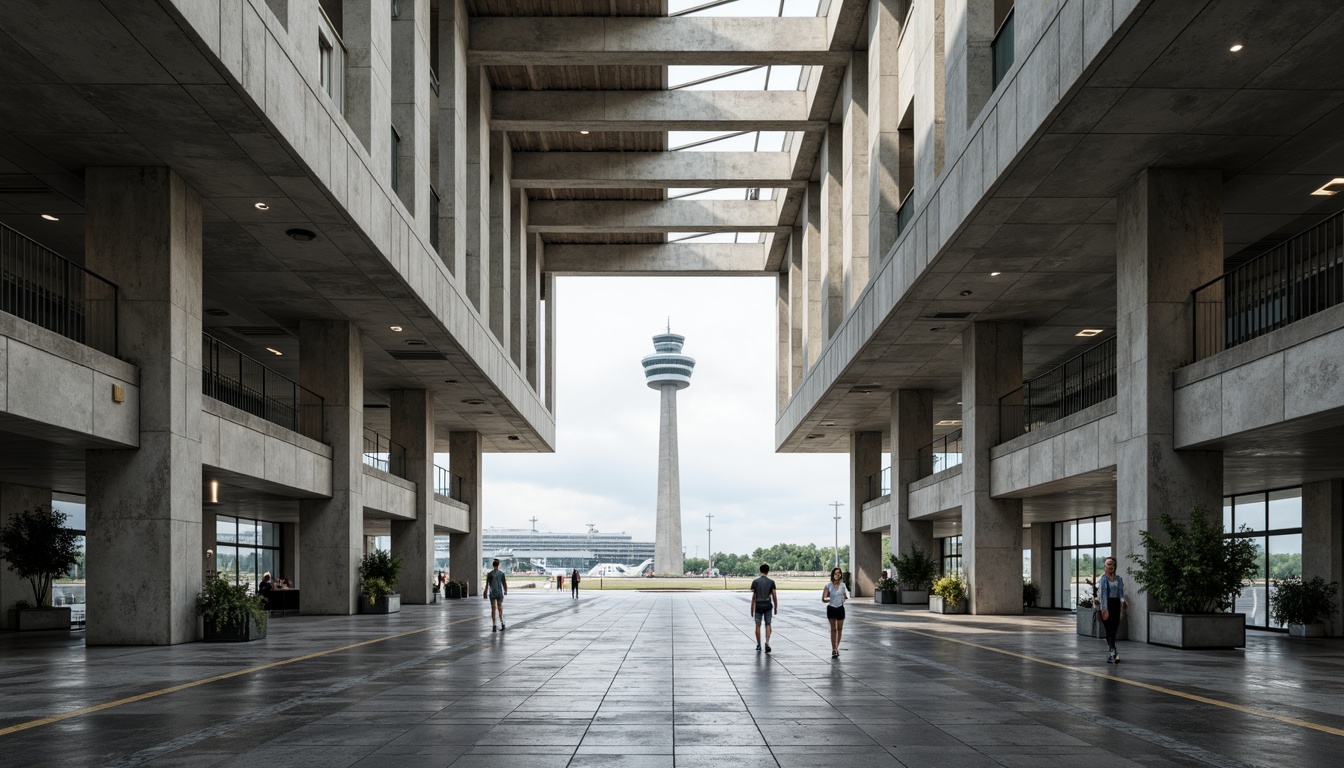 Prompt: Exposed concrete structures, rugged brutalist architecture, airport terminal buildings, industrial-scale steel beams, raw unfinished surfaces, geometric modular designs, bold angular lines, minimalist ornamentation, functional simplicity, high-ceilinged interior spaces, natural light pouring through clerestory windows, industrial-style lighting fixtures, polished concrete floors, stainless steel accents, air traffic control towers, radar installations, aviation-themed signage, urban cityscape views, overcast sky, dramatic shadows, 3/4 composition, symmetrical framing, high-contrast lighting.