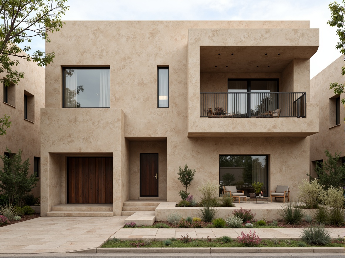 Prompt: Rustic building facade, plastered concrete walls, earthy tones, natural textures, irregular shapes, modern minimalist architecture, clean lines, simple forms, sustainable materials, eco-friendly construction, urban renewal projects, industrial chic aesthetic, reclaimed wood accents, metal frame windows, neutral color palette, soft warm lighting, shallow depth of field, 1/1 composition, realistic rendering.