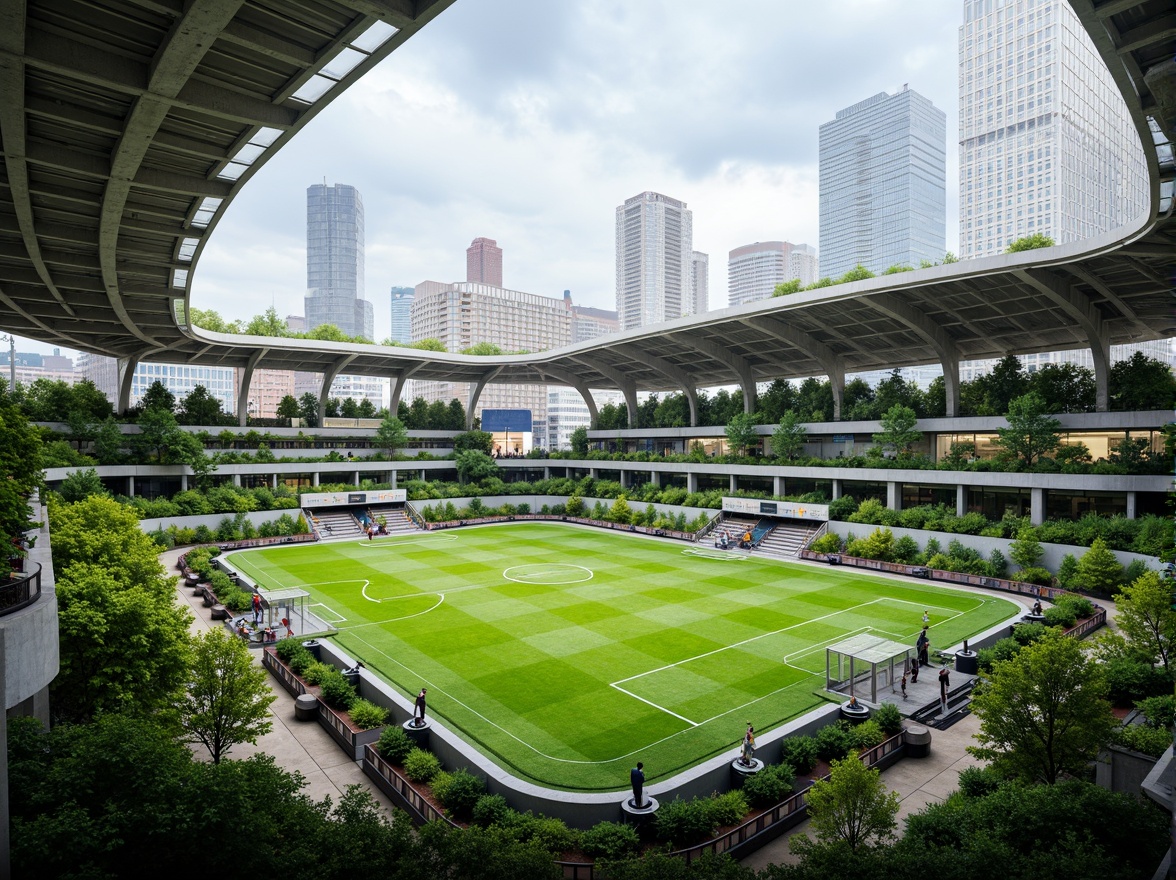 Prompt: Eco-friendly football stadium, lush green roofs, solar panels, wind turbines, rainwater harvesting systems, recycled materials, natural ventilation, large windows, transparent fa\u00e7ades, minimal waste management, composting toilets, biodegradable food packaging, electric vehicle charging stations, bike parking facilities, pedestrian-friendly access, wheelchair accessibility, inclusive seating areas, LED grow lights, urban farming integration, living walls, greenery-covered concourses, translucent canopies, atmospheric lighting, shallow depth of field, 3/4 composition, panoramic view, realistic textures, ambient occlusion.