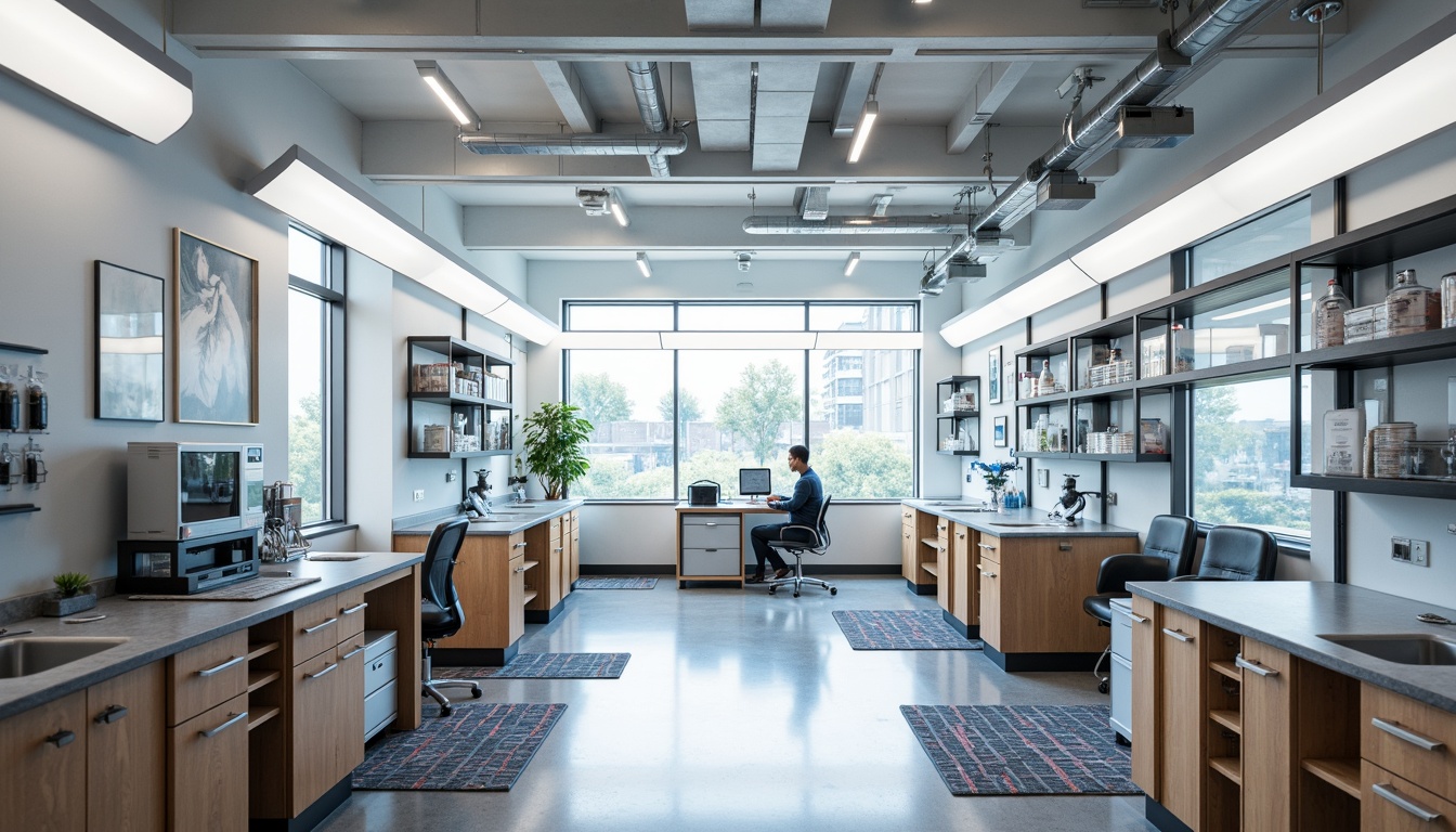 Prompt: Modern laboratory interior, academic style, polished chrome fixtures, industrial-grade flooring, epoxy resin countertops, glass partitions, minimalist decor, sleek metal shelving, adjustable LED lighting, modular furniture systems, ergonomic seating, durable vinyl upholstery, bold color accents, geometric patterned rugs, sterile white walls, stainless steel equipment casings, precision-crafted wooden cabinetry, high-gloss finishes, 1/1 composition, softbox lighting, realistic reflections.