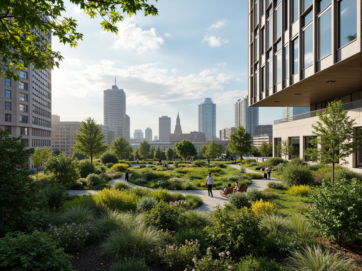 Prompt: Green rooftop garden, lush foliage, natural ventilation system, operable windows, clerestory design, cross-ventilation layout, breathable building envelope, eco-friendly materials, energy-efficient solutions, sustainable architecture, modern office space, open floor plan, collaborative workspace, abundant natural light, soft diffused lighting, 1/1 composition, subtle shadows, realistic textures.