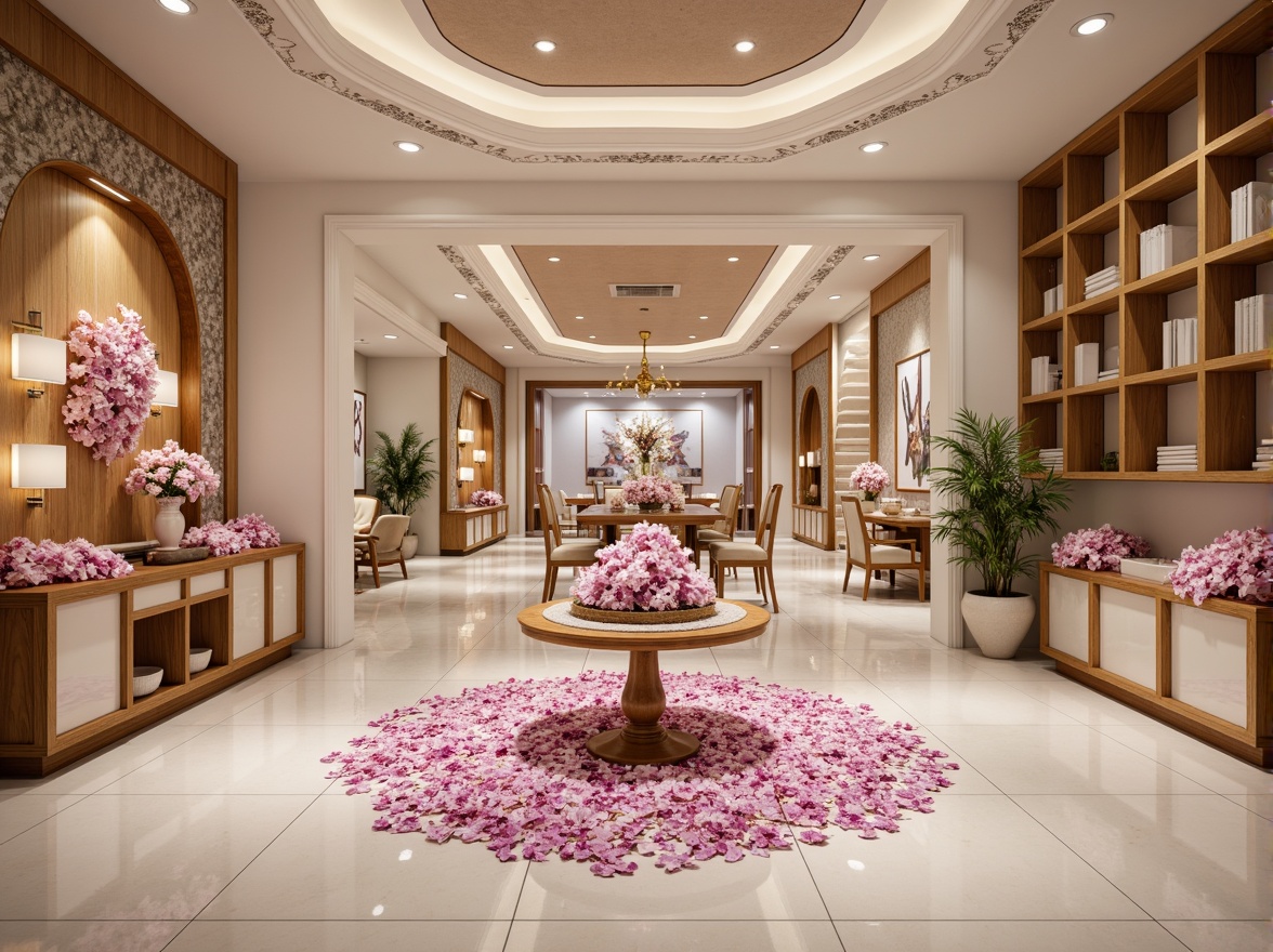 Prompt: Elegant boutique, luxurious interior, soft orchid hues, delicate petals, velvety textures, subtle sheen, sophisticated ambiance, refined lines, ornate decorations, lavish furnishings, opulent fabrics, golden accents, creamy whites, rich wood tones, warm lighting, shallow depth of field, 1/1 composition, realistic reflections, ambient occlusion.