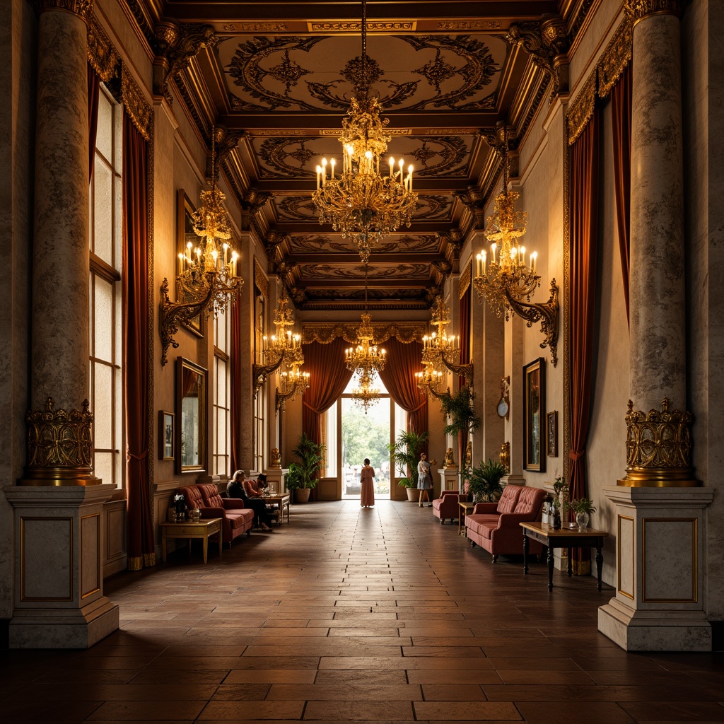 Prompt: Ornate Baroque palace, richly textured stone walls, intricately carved marble facades, gilded ornamental details, lavish velvet drapes, ornamental metalwork, polished wooden floors, grandiose chandeliers, dramatic lighting effects, warm golden hues, soft focus blur, atmospheric perspective, 1/2 composition, realistic material rendering, ambient occlusion.