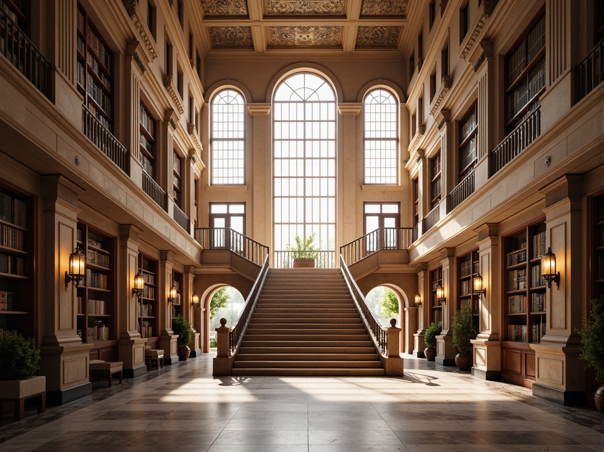 Prompt: Grandiose library, symmetrical facade, neoclassical architecture, ionic columns, ornate details, intricate moldings, grand staircase, sweeping arches, high ceilings, marble floors, elegant chandeliers, abundant natural light, soft warm glow, shallow depth of field, 1/1 composition, frontal view, realistic textures, ambient occlusion.