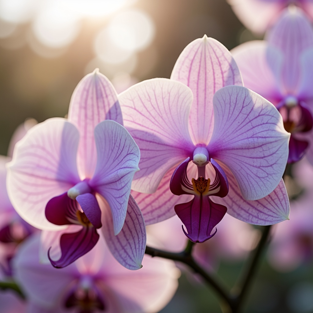 Prompt: Ethereal orchid flowers, pastel purple hues, soft pink undertones, creamy whites, rich berry accents, velvety textures, delicate petals, subtle sheen, warm golden lighting, shallow depth of field, 1/1 composition, intimate close-up view, realistic renderings, ambient occlusion.