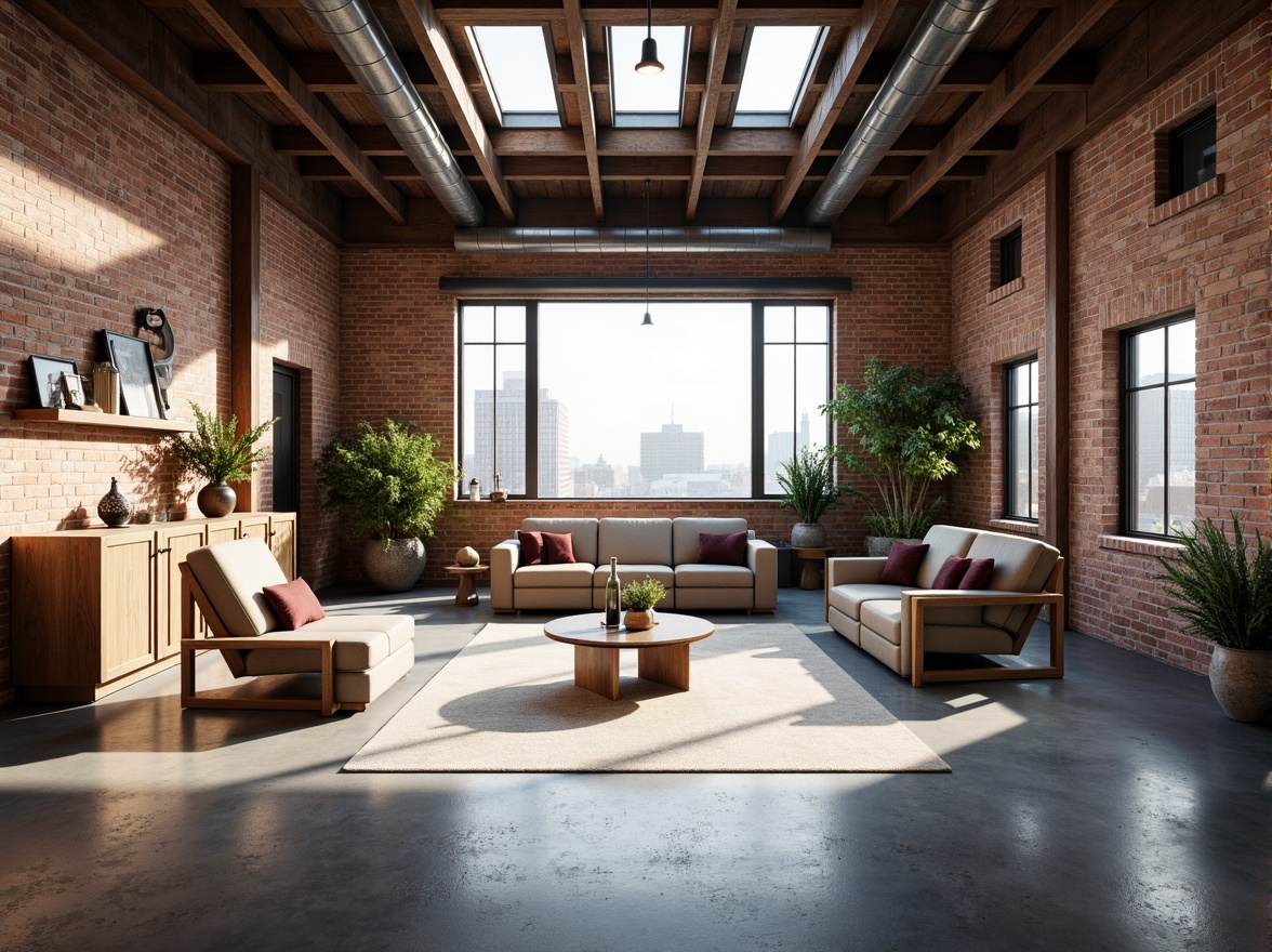 Prompt: Industrial-chic loft, exposed brick walls, polished concrete floors, minimalist decor, floor-to-ceiling windows, clerestory windows, skylights, open-plan living, steel beams, wooden accents, urban views, cityscape backdrop, soft warm lighting, shallow depth of field, 1/1 composition, panoramic view, realistic textures, ambient occlusion.